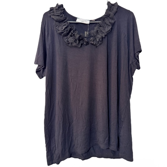Tahari Plus Size Short Sleeve Black Ruffled Neckline Blouse Sz 3X - Picture 1 of 6